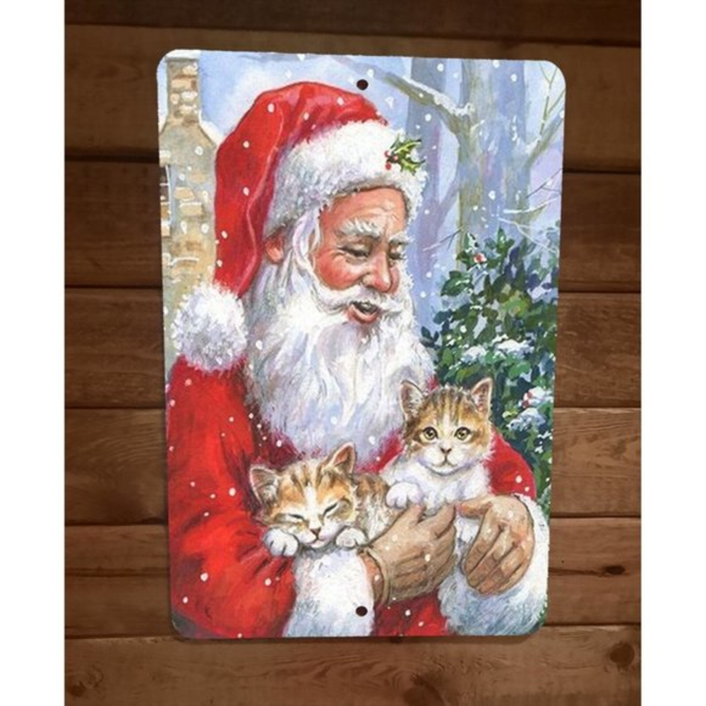 Merry Xmas Christmas Santa and Kittens 8x12 Metal Wall Sign Poster